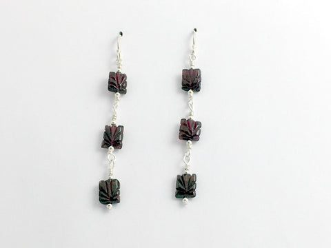 Sterling silver and carved rectangular garnet dangle earrings, 2 3/4", hook