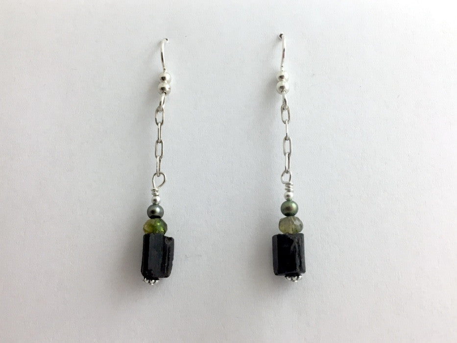 Sterling silver, Black Tourmaline rough, Green Tourmaline, and  Freshwater Pearl  dangle earrings
