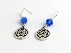 Pewter & Sterling Silver medium Round Celtic Knot dangle Earrings- Blue Glass