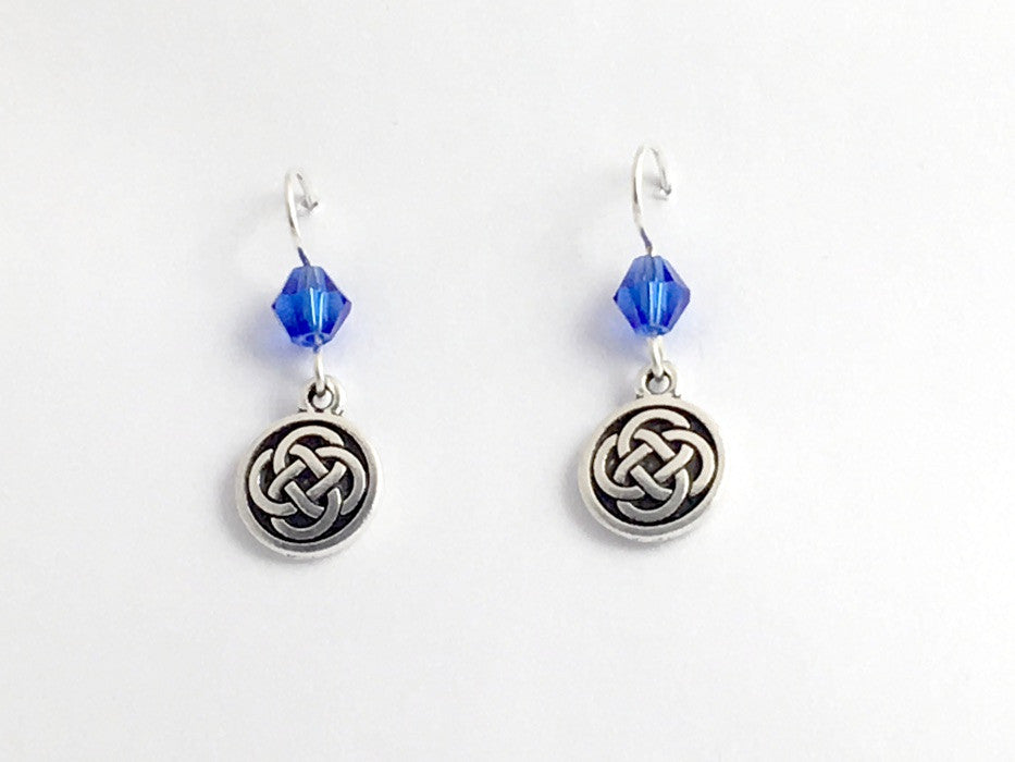 Pewter & Sterling Silver medium Round Celtic Knot dangle Earrings- Blue Glass