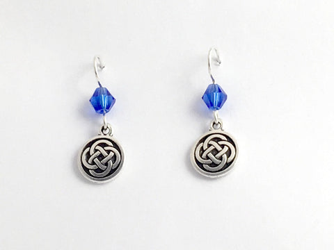 Pewter & Sterling Silver medium Round Celtic Knot dangle Earrings- Blue Glass