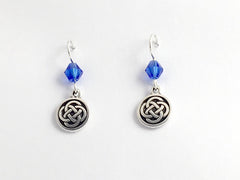 Pewter & Sterling Silver medium Round Celtic Knot dangle Earrings- Blue Glass
