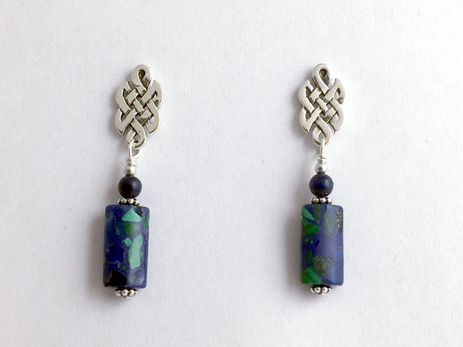 Sterling Silver & surgical steel  Celtic knot stud Earrings- azurite malachite