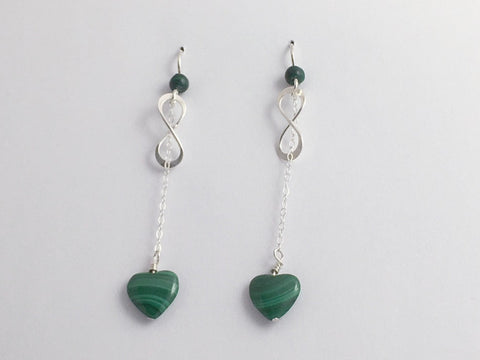 Sterling Silver Infinity symbol with chain and Malachite heart dangle Earrings