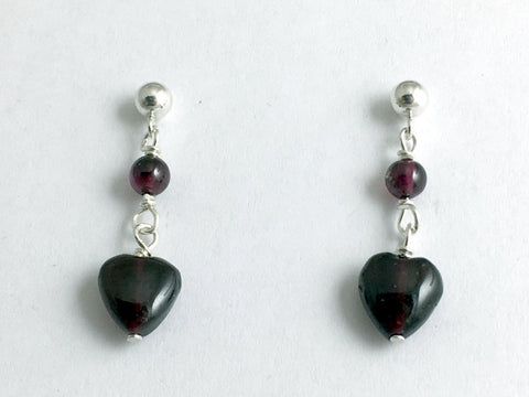 Sterling Silver 4mm ball stud w/ garnet heart dangle earrings-January, Valentine