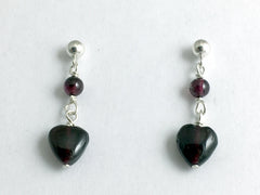 Sterling Silver 4mm ball stud w/ garnet heart dangle earrings-January, Valentine