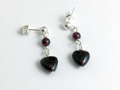 Sterling Silver 4mm ball stud w/ garnet heart dangle earrings-January, Valentine