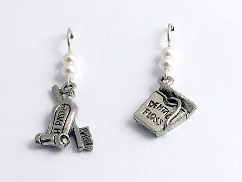 Pewter & Sterling Silver Tooth Brush, Floss, Paste Earrings-dentist, hygienist
