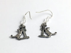 Pewter & sterling silver Cat with scratching post dangle  Earrings- cats, feline