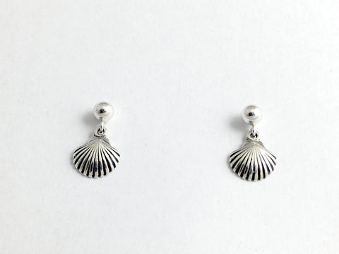 Sterling silver 4mm ball stud w/ scallop shell dangle earrings- seashell, sea,