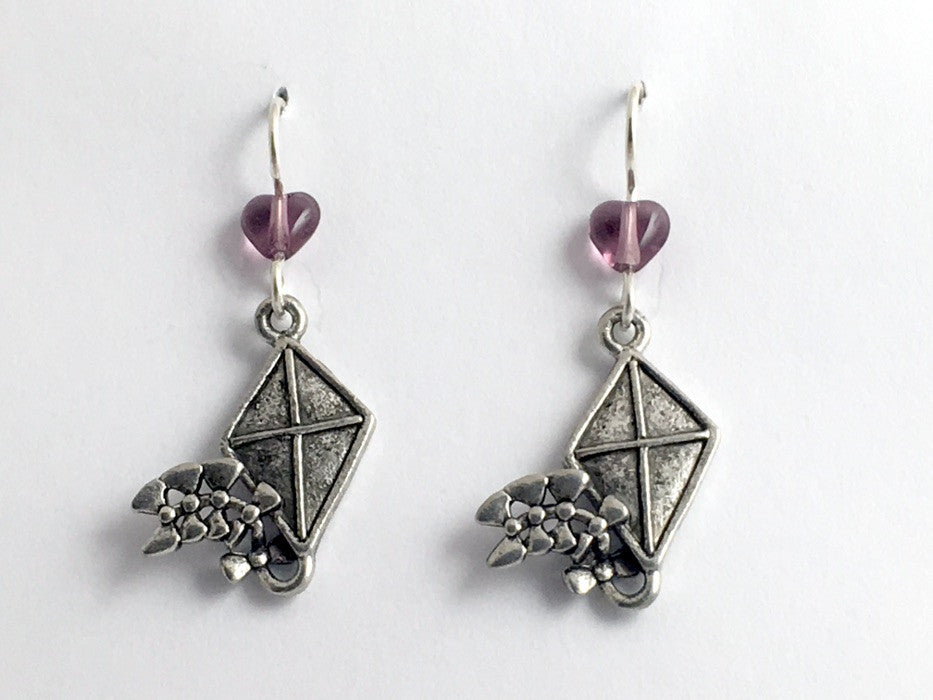Pewter & Sterling silver Kite with tail dangle earring-Kites, fly a kite, heart