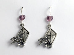 Pewter & Sterling silver Kite with tail dangle earring-Kites, fly a kite, heart