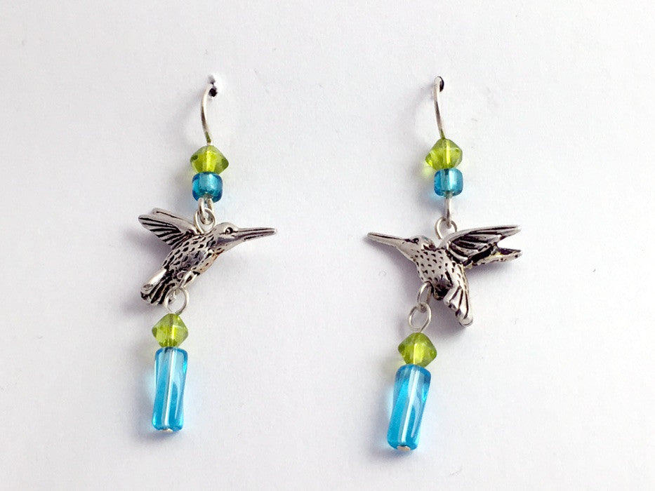 Pewter & Sterling silver hummingbird dangle earrings-green, aqua glass, bird