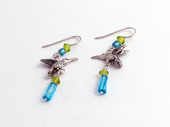 Pewter & Sterling silver hummingbird dangle earrings-green, aqua glass, bird