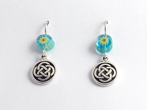 Pewter & Sterling Silver medium Round Celtic Knot dangle Earrings- Millefiori