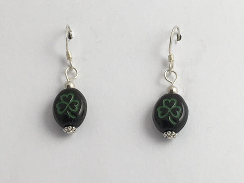 Black and green glass shamrock dangle earrings-St. Patricks Day,sterling silver
