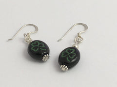 Black and green glass shamrock dangle earrings-St. Patricks Day,sterling silver