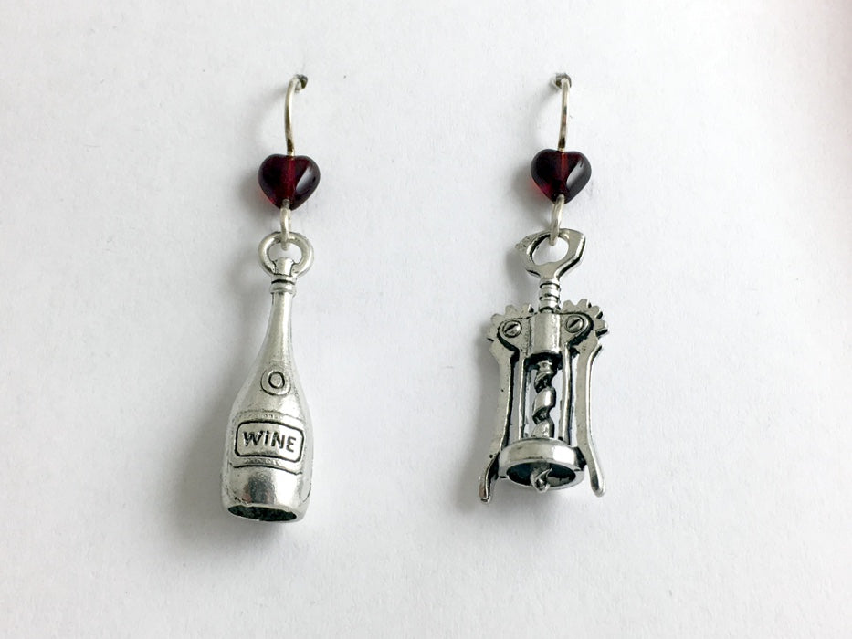 Pewter & sterling silver Wine Bottle and Corkscrew earrings-red, tasting,winery