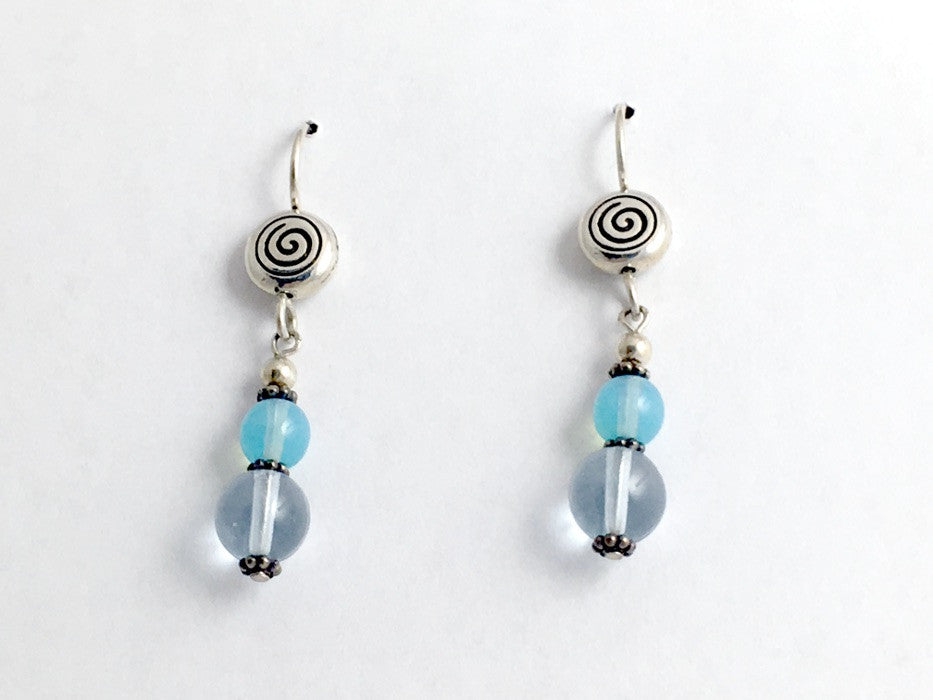 Pewter & Sterling Silver Spiral dangle earrings- purple & blue glass, spirals