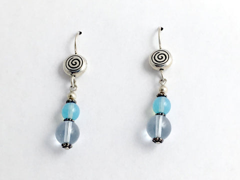 Pewter & Sterling Silver Spiral dangle earrings- purple & blue glass, spirals