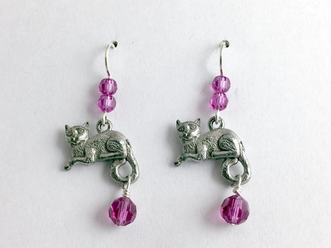 Pewter and Sterling Silver Lounging pussy Cat dangle Earrings- cats-kitten-pink