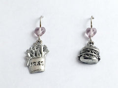 Pewter & Sterling Silver Hamburger & French Fries dangle earrings- burger, chips