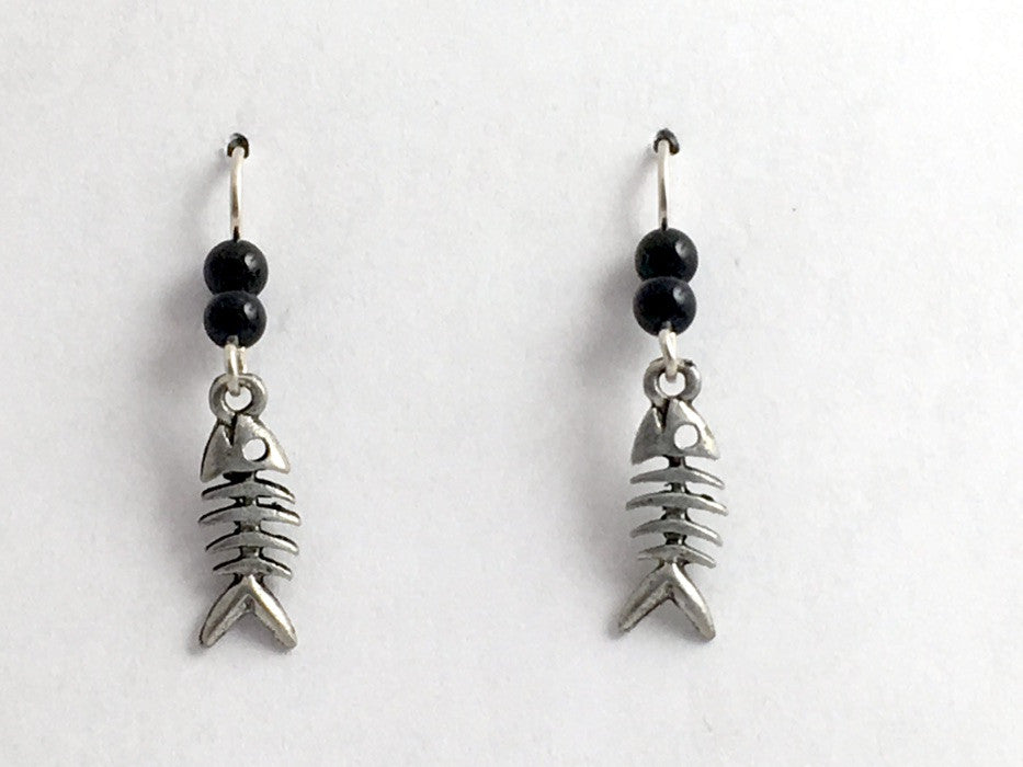 Pewter & Sterling silver fish skeleton dangle earrings-ocean- sea, dead, bones