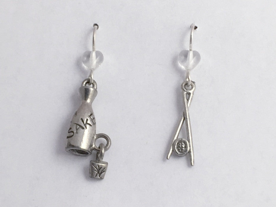 Pewter & Sterling Silver Sushi Roll with chopsticks & Sake Earrings- food, rolls