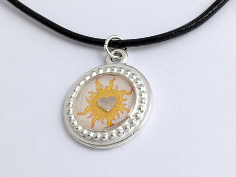Pewter with sun print & sterling silver heart pendant-resin,Celestial,stars,suns