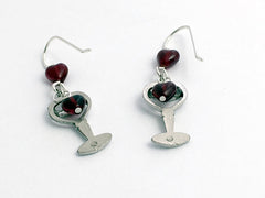 Pewter & sterling silver Wine glass w/ hearts earrings- drinks, Red, tasting, winery
