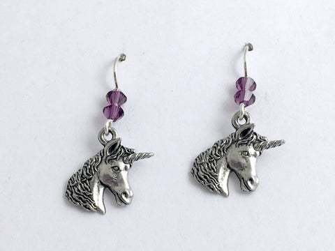 Pewter and sterling silver unicorn head dangle earrings-unicorns, horn, crystal