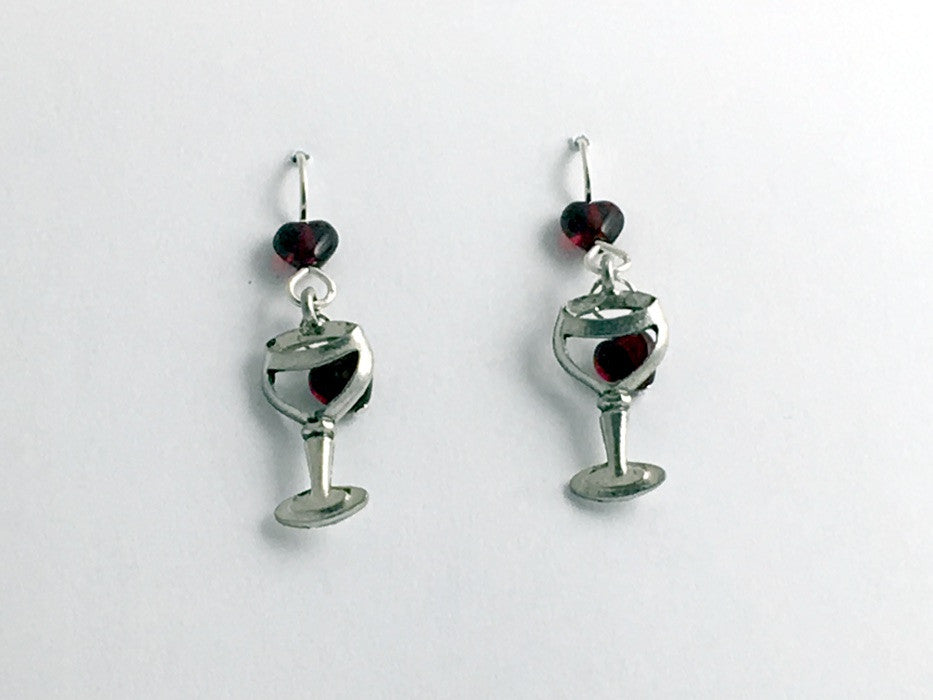 Pewter & sterling silver Wine glass w/ hearts earrings- drinks, Red, tasting, winery