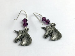 Pewter and sterling silver unicorn head dangle earrings-unicorns, horn, crystal