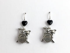 Pewter & sterling silver drum kit dangle earrings-percussion, drummer, rock band