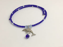 Cobalt and light blue faceted glass with Sterling silver Dolphin and calf Centerpiece Memory Wire Choker