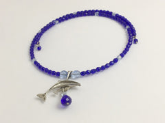 Cobalt and light blue faceted glass with Sterling silver Dolphin and calf Centerpiece Memory Wire Choker