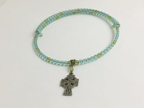 Aqua and peridot color glass with Pewter Celtic Cross Centerpiece Memory Wire Choker