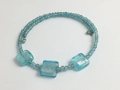 Aqua glass with 3 Aqua Foil Glass bead Centerpiece Memory Wire Choker
