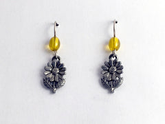 Pewter & Sterling Silver flower dangle earrings-yellow glass, flowers, gardener,