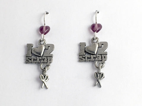 Pewter & sterling silver scrapbooking dangle earrings-I love 2, scrap book,photo