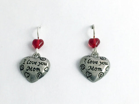Pewter & Sterling silver I Love You Mom heart dangle earrings--red, Mother, gift