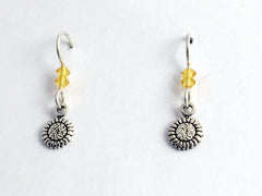 Sterling Silver tiny sunflower dangle earrings- sun flowers, yellow Crystal