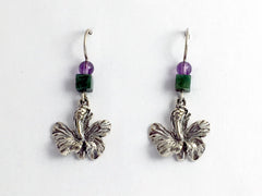 Sterling Silver Hibiscus Flower dangle earrings- Hawaii,amethyst, flowers,tropic