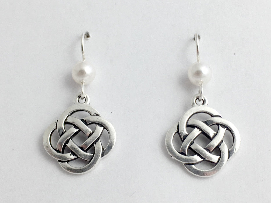 Pewter & Sterling Silver large Round Celtic Knot dangle Earrings-glass "pearl"