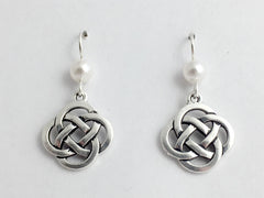 Pewter & Sterling Silver large Round Celtic Knot dangle Earrings-glass "pearl"