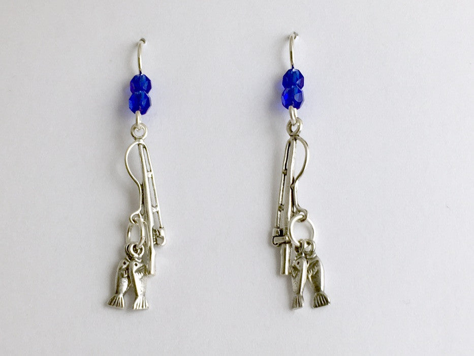 Sterling silver Fishing pole with fish dangle earrings-Rod, Angler, fisherman,