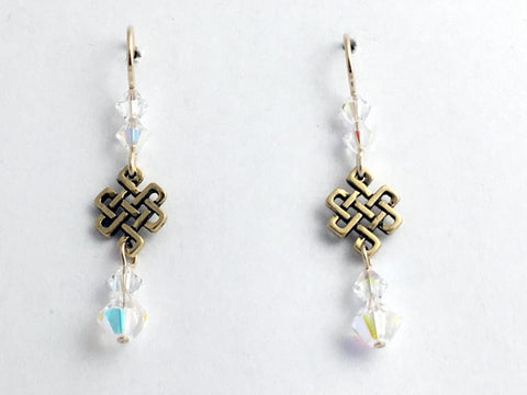 Gold tone Pewter &14k gf Celtic Knot dangle earrings-Crystal ,knots,Tibetan