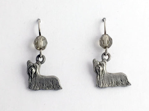 Pewter & sterling silver Yorkie Terrier dog dangle earrings- dogs, Silky, Skye