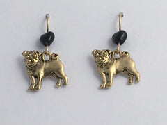 Goldtone Pewter & 14k GF large Pug dog dangle earrings-pugs, canine, dogs,