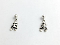 4mm ball stud Sterling Silver Skull &  Crossbone dangle earrings-Pirate, pirates